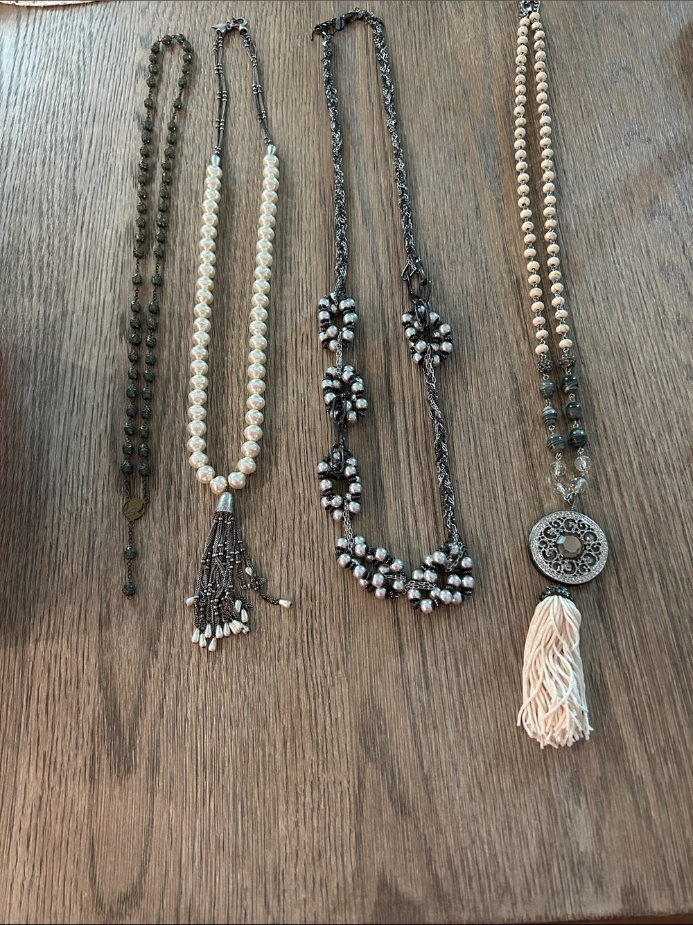 Pearl and Bead Tassel Necklace -  plus 3 additional long necklaces. Total of 4